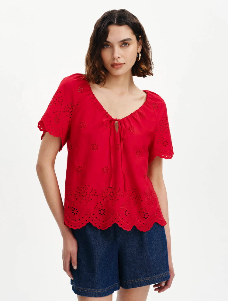 Ruthie Red Floral Broderie Cotton Tie Neck Top