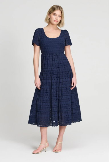 Jemma Navy Cotton Broderie Square Neck Tiered Midi Dress