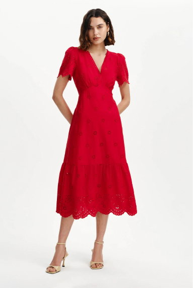 Quinn Red Cotton Broderie Lace Trim V-Neck Midi Dress