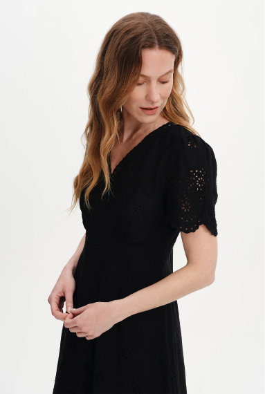 Quinn Black Cotton Broderie Lace Trim V-Neck Midi Dress