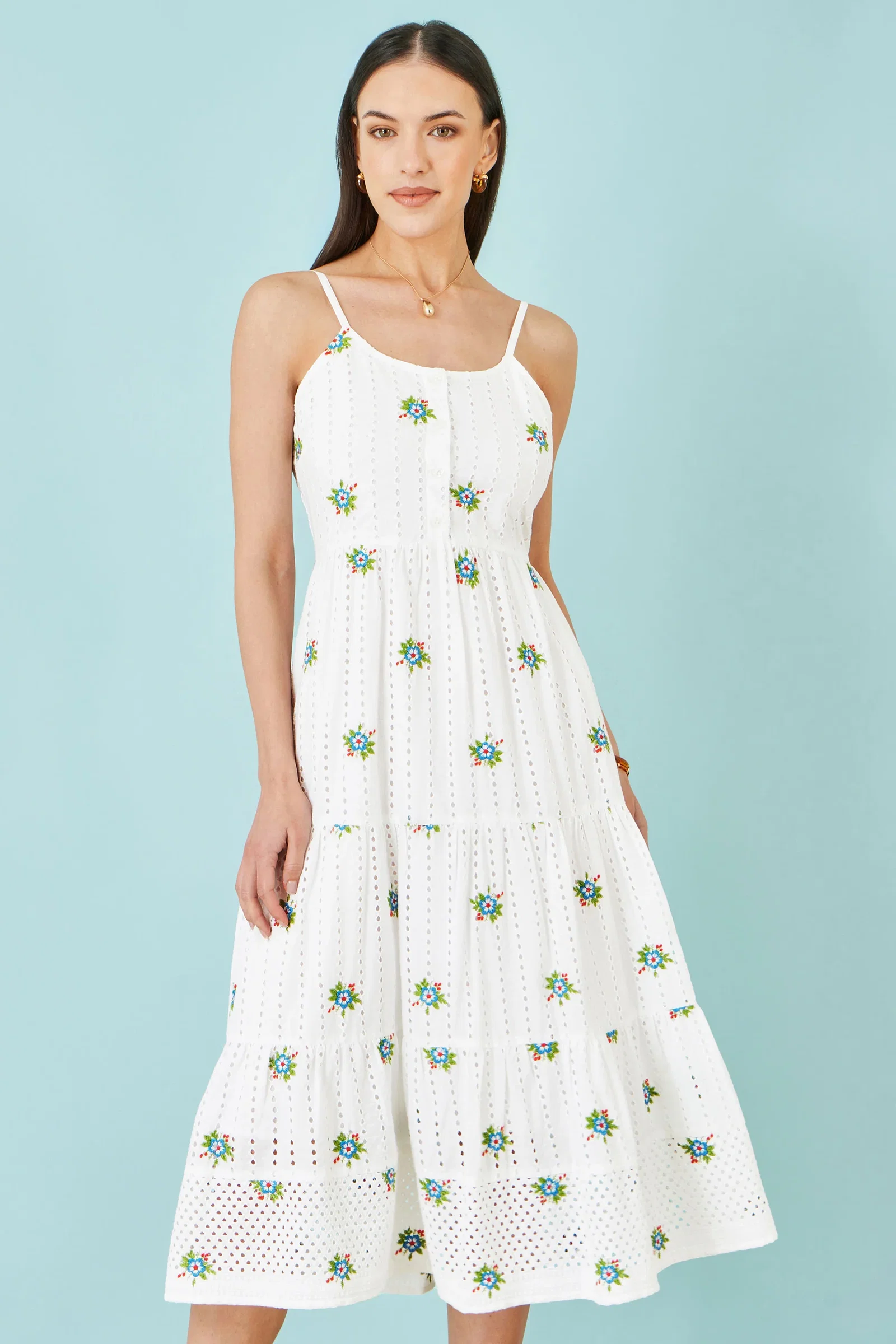 Yumi White Cotton Embroidered Broderie Anglaise Midi Sun Dress