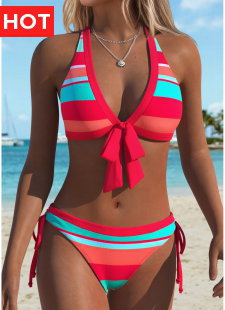Coral Mid Waisted Patchwork Striped Bikini Set