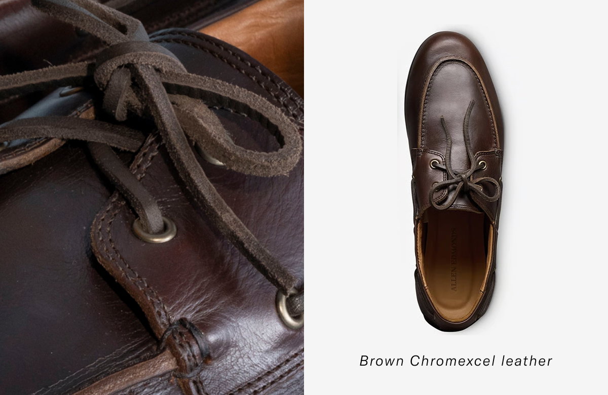 Close up photograph of the lacing feature of the Aruba Boat Shoe in Brown Chromecxel leather.