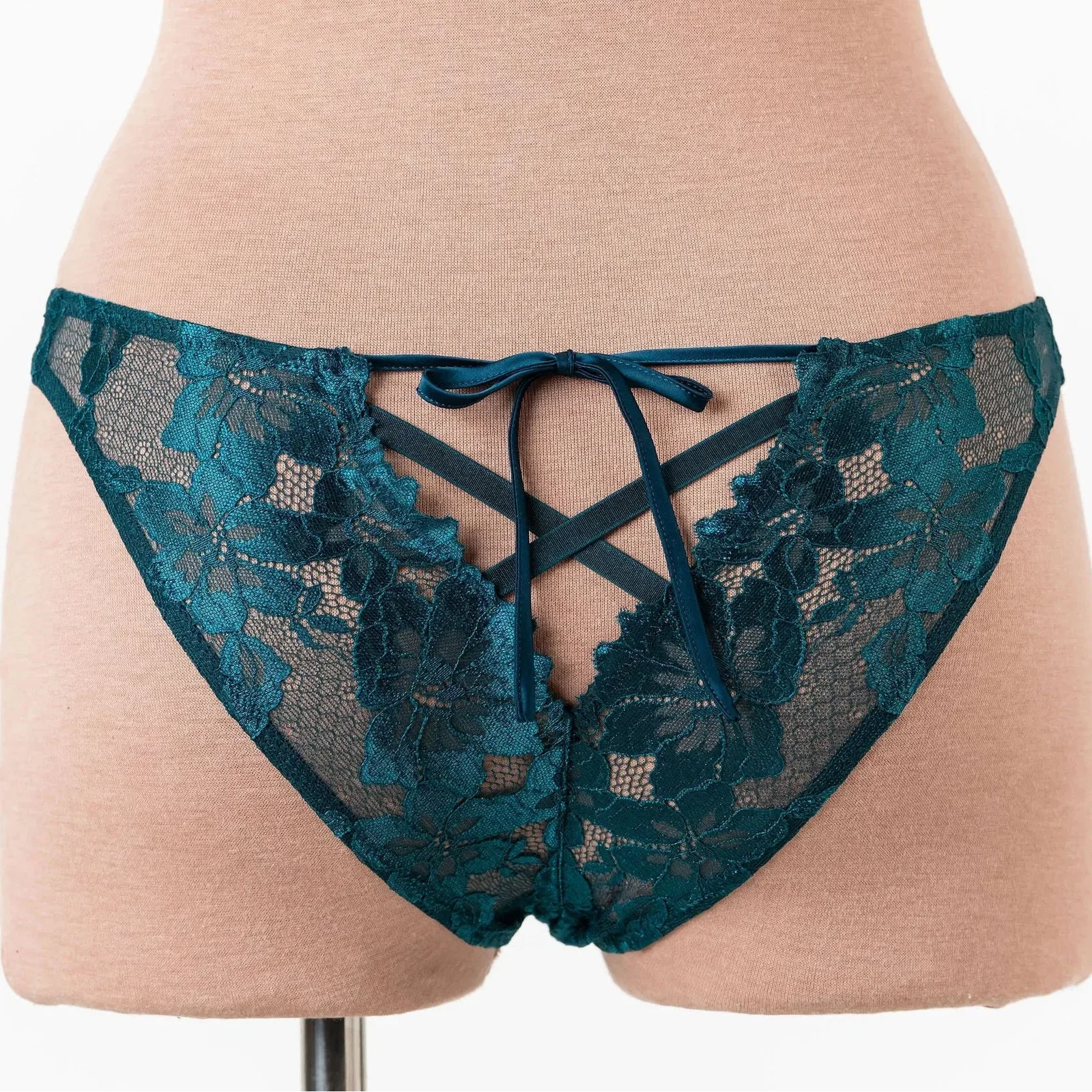 Image of Lacy Corset-Back Crotchless Panty - Teal