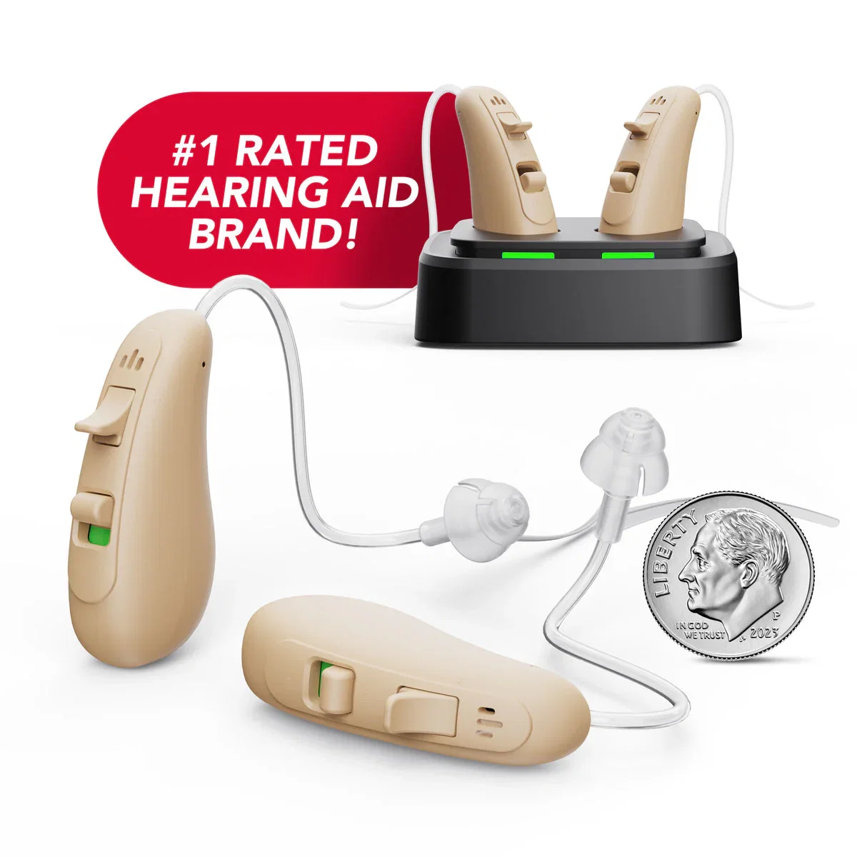 Image of RCA 2-PK OTC Behind-the-Ear Hearing Aid with Rechargeable Stand, Beige