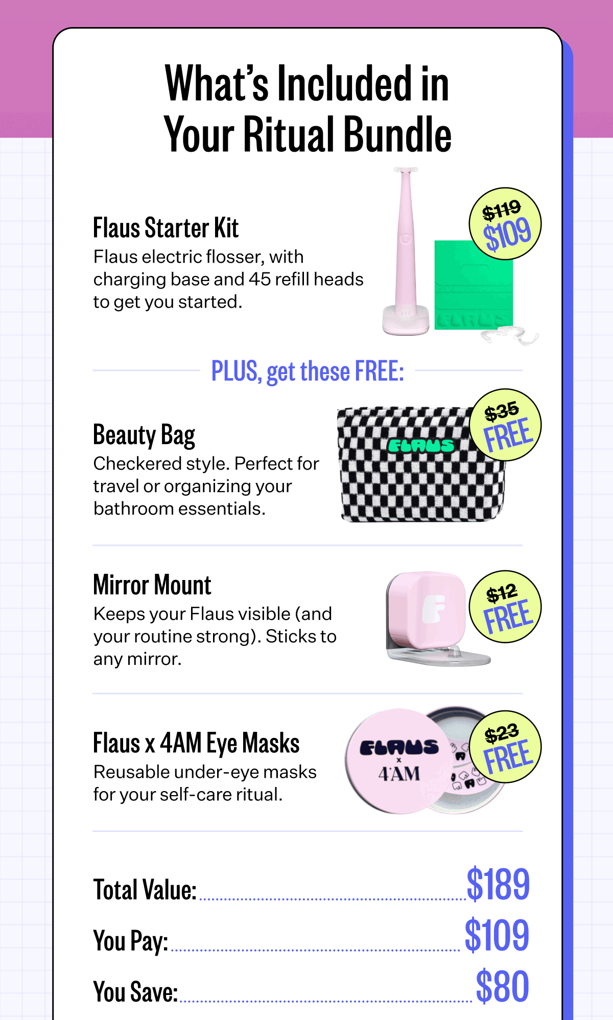 What’s Included in Your Ritual Bundle | Flaus Starter Kit: Flaus electric flosser, with charging base and 45 refill heads to get you started. $109. | Plus, get these FREE: Beauty Bag: Checkered style. Perfect for travel or organizing your bathroom essentials. FREE | Mirror Mount: Keeps your Flaus visible (and your routine strong). Sticks to any mirror. FREE | Flaus x 4AM Eye Masks: Reusable under-eye masks for your self-care ritual. FREE | Total value: $189. You pay: $109. You save: $80.