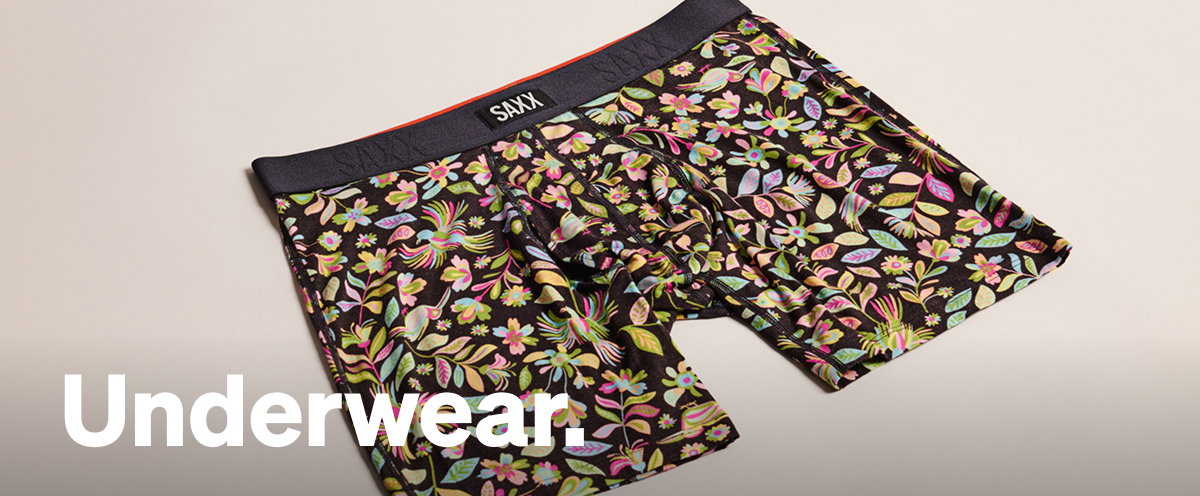 Floral print SAXX underwear on a neutral background with “Underwear.” text overlay.