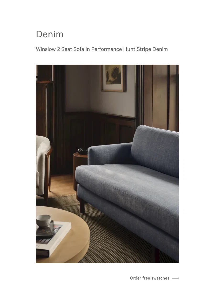 Denim Winslow 2 Seat Sofa in Performance Hunt Stripe Denim