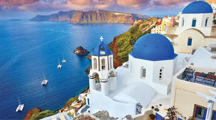 An image of a sky view of Santorini.