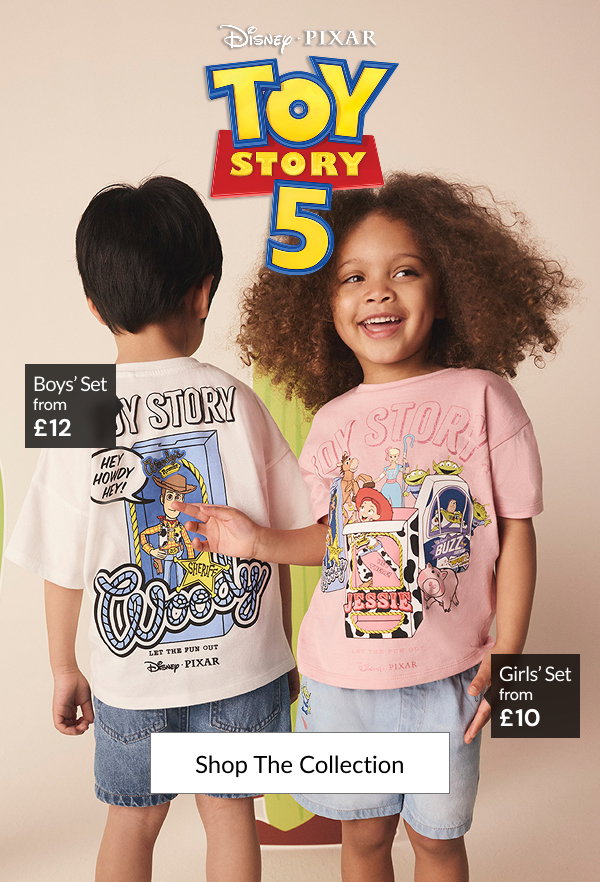 Toy Story 5. Boy in Woody outfit from £12 and girl/boy in Toy Story outfit from £10. Shop the collection.