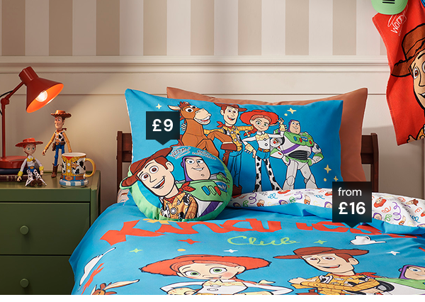Toy Story blue reversible duvet set from £16 and cushion £9.