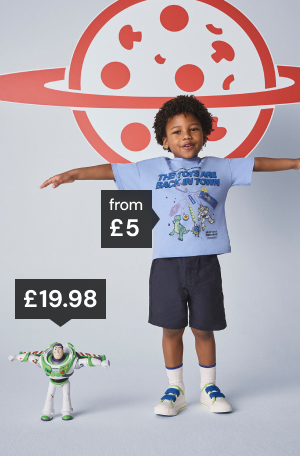 Toy Story blue graphic t-shirt from £5. Buzz Lightyear toy £19.98.