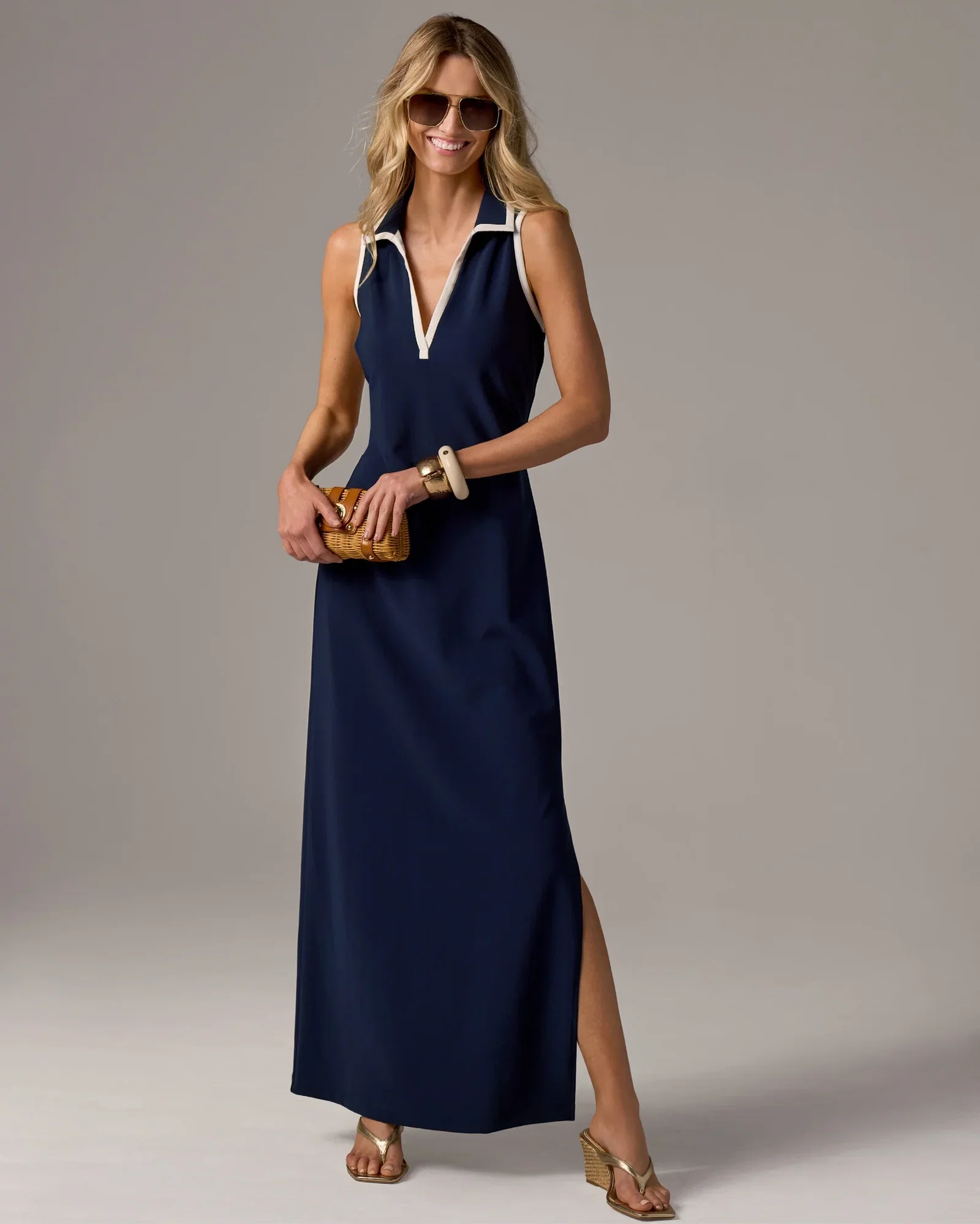 Image of Beyond Travel Piped Collared Maxi Dress Maritime Navy/Ivory Coast
