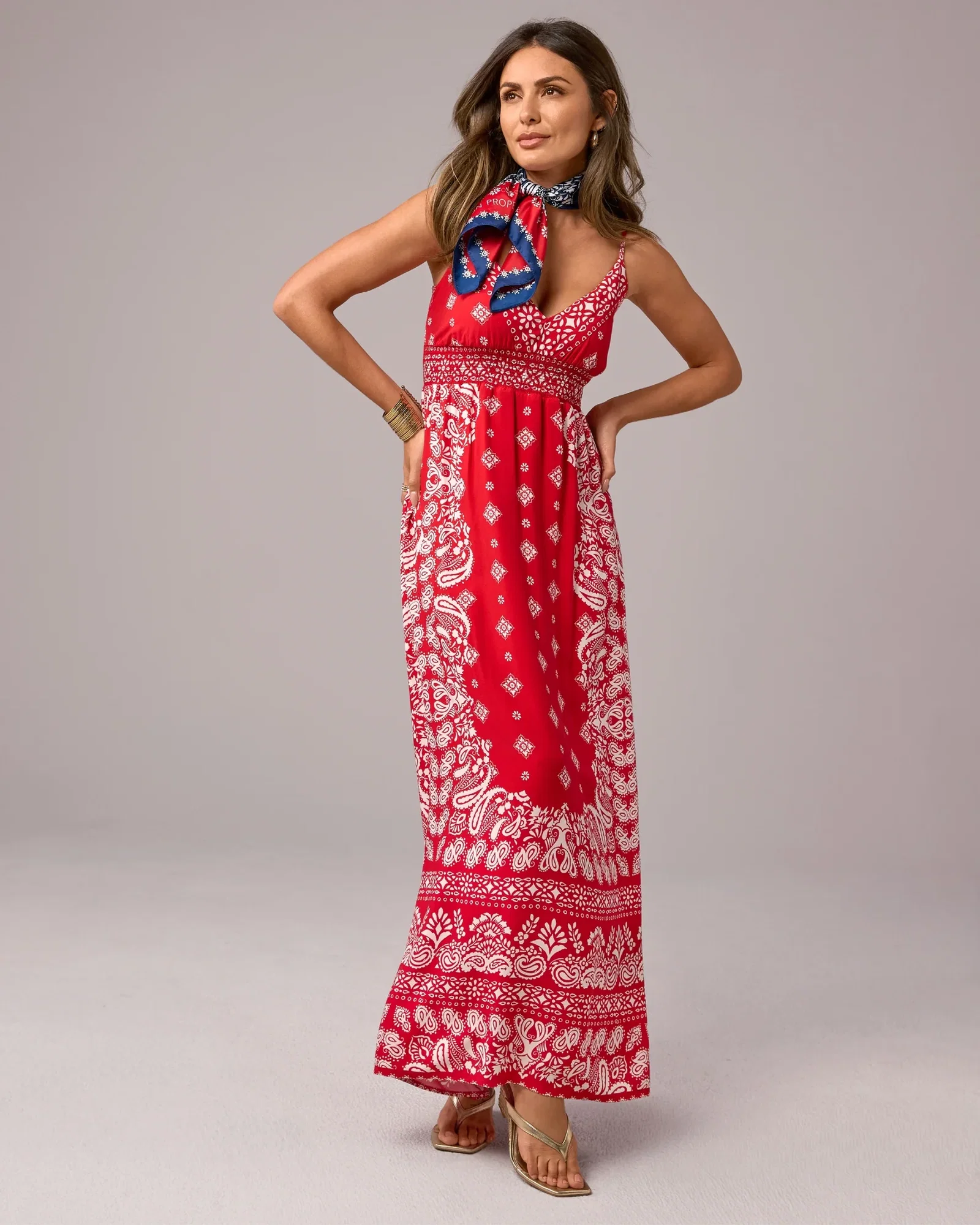 Image of Print Maxi Dress with Empire Waistband Traditional Bandana
