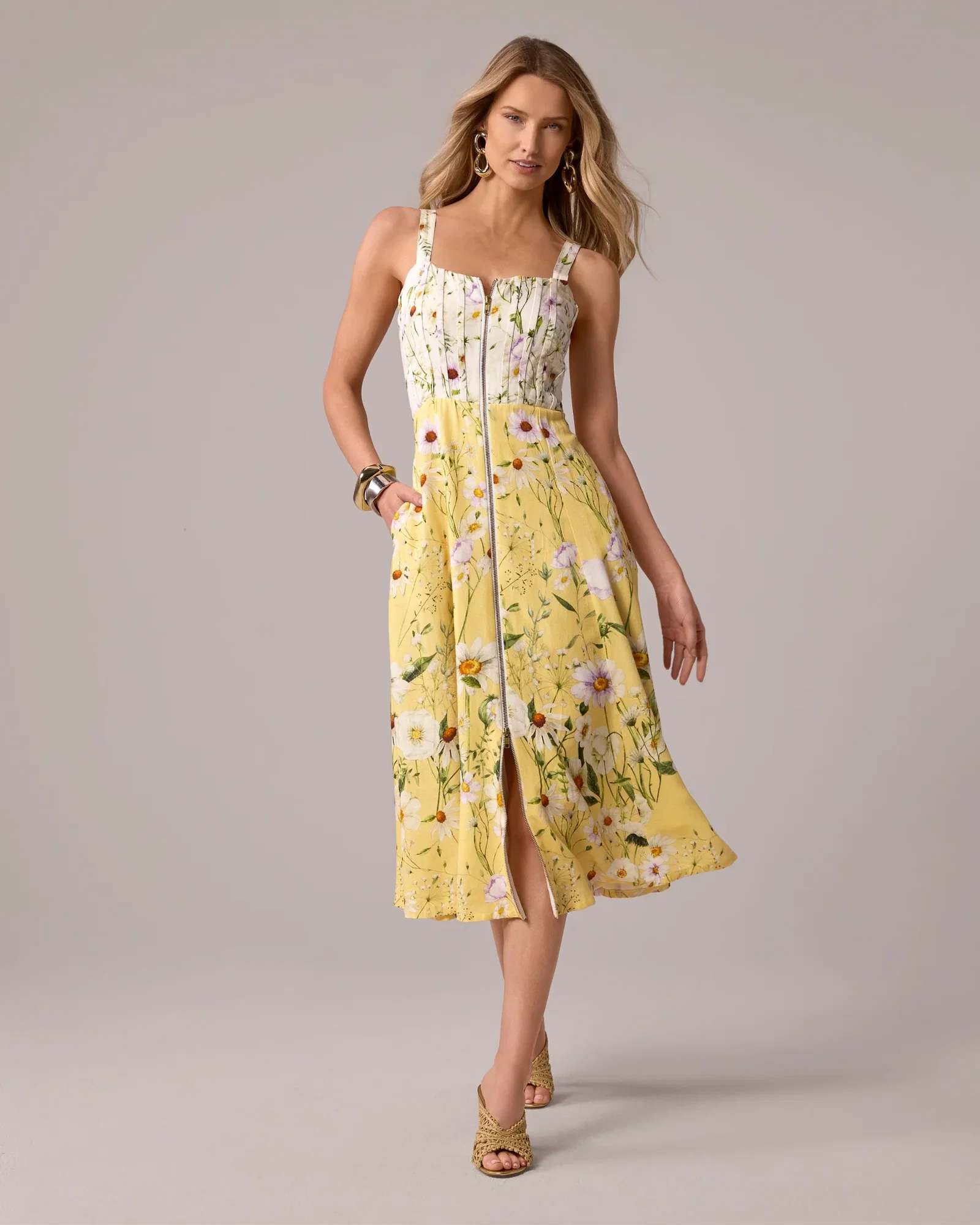 Image of Print Zip Up Fit and Flare Midi Dress Daisy Daze