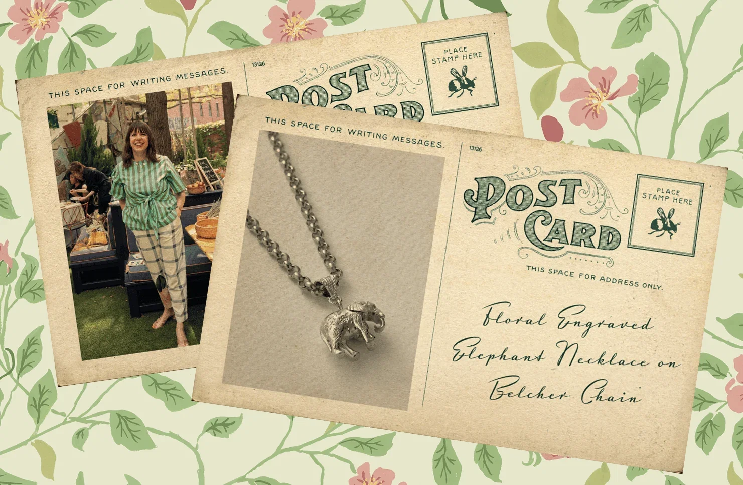 Emma, Design Director, shares her favourite piece: the Floral Engraved Elephant Necklace on Belcher Chain, on class Monroe Postcard set against a colourful backdrop and framed by a floral pattern