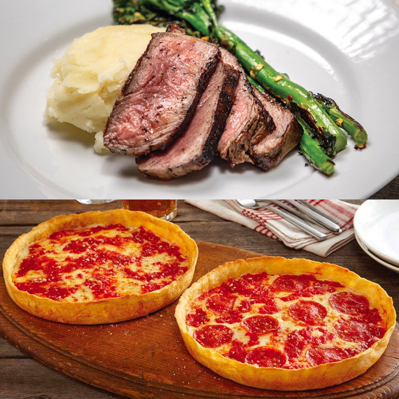 Image of 4 Gibsons 14oz. GGA New York Strips & 2 Lou's Pizzas
