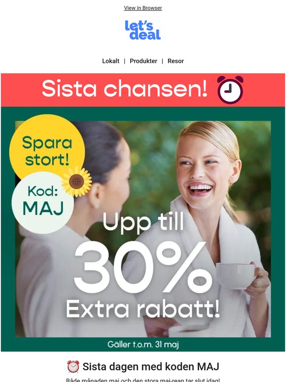 ⏰ Koden MAJ gäller till midnatt - Upp till 30% EXTRA rabatt i Stockholm