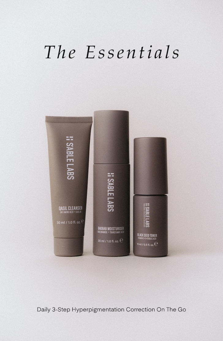 S'ABLE Labs Essentials Discovery Kit featuring Qasil Cleanser, Baobab Moisturiser and Black Seed Toner in travel-size matte packaging against a soft grey studio background