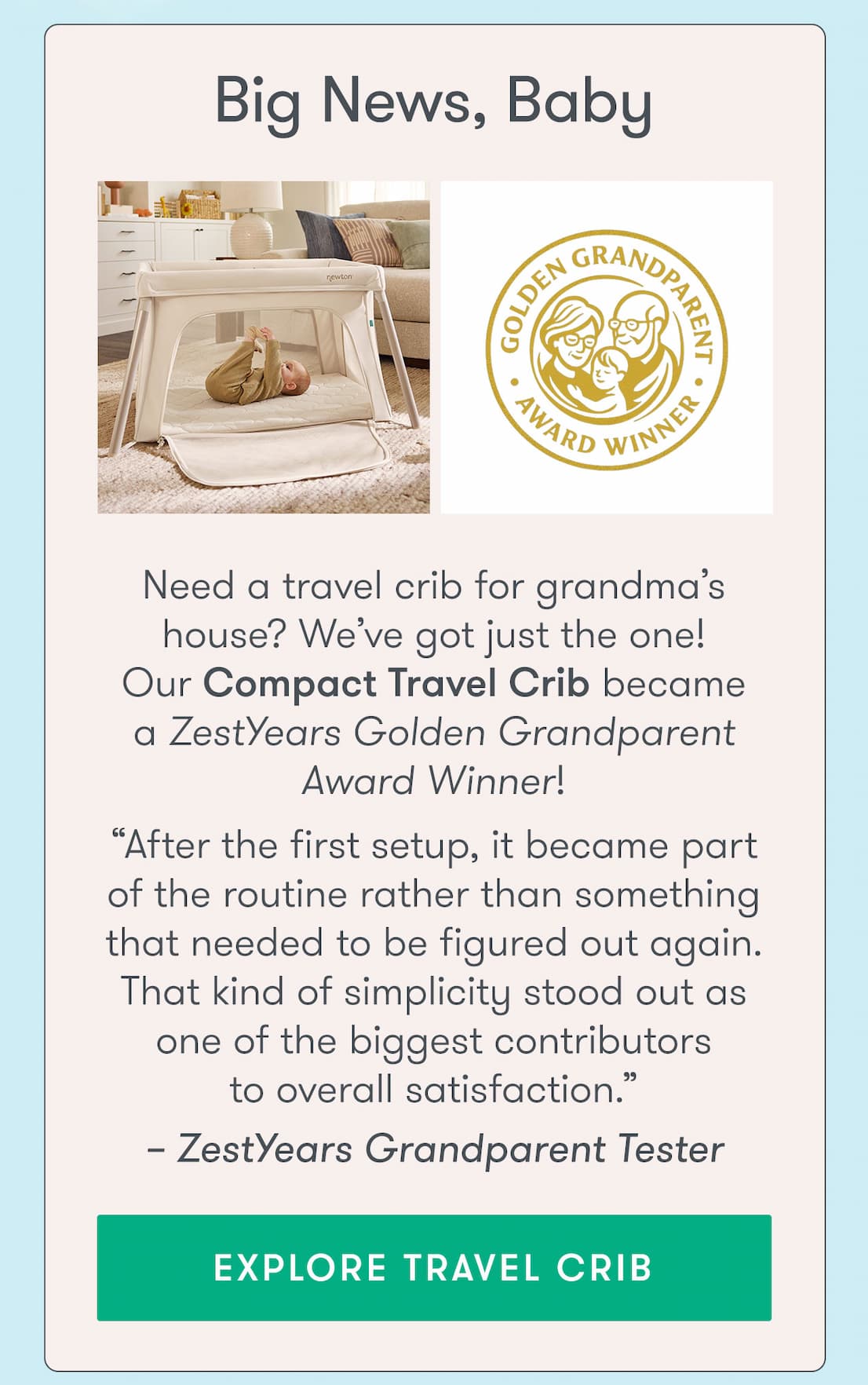 Our Compact Travel Crib became a ZestYears Golden Grandparent Award Winner!