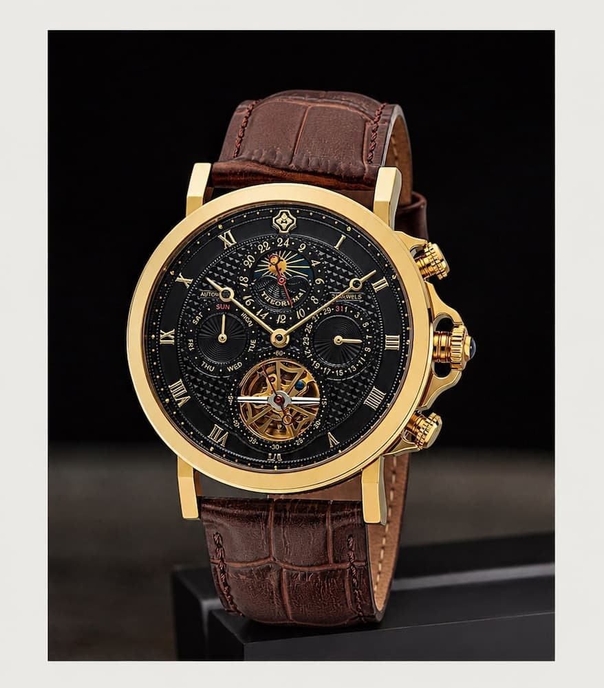 Gold case with black dial and brown leather band.