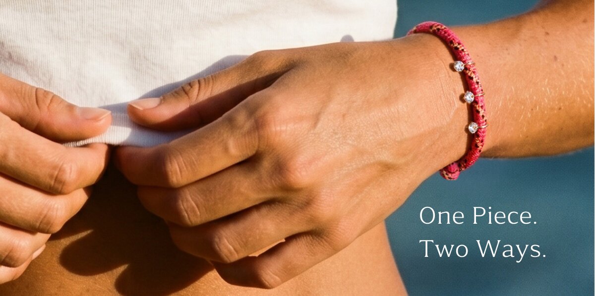 Model wearing pink paracord anklet on wrist