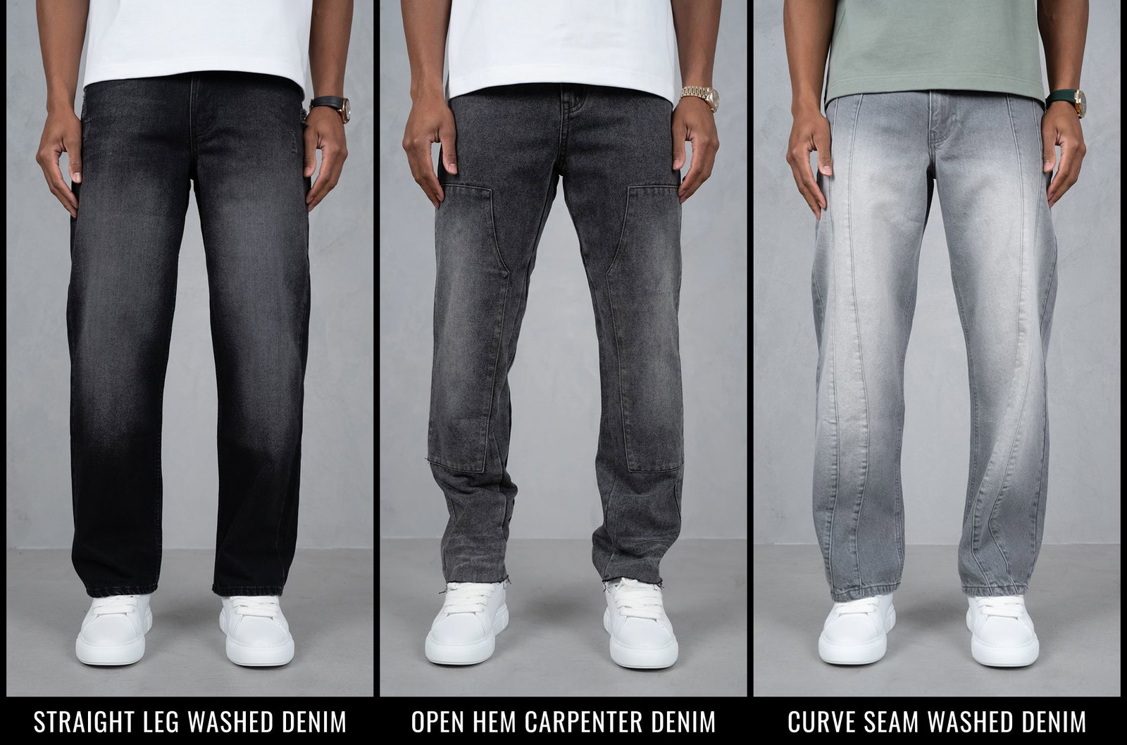 Straight Leg Washed Denim, Open Hem Carpenter Denim, Curved Seam Washed Denim