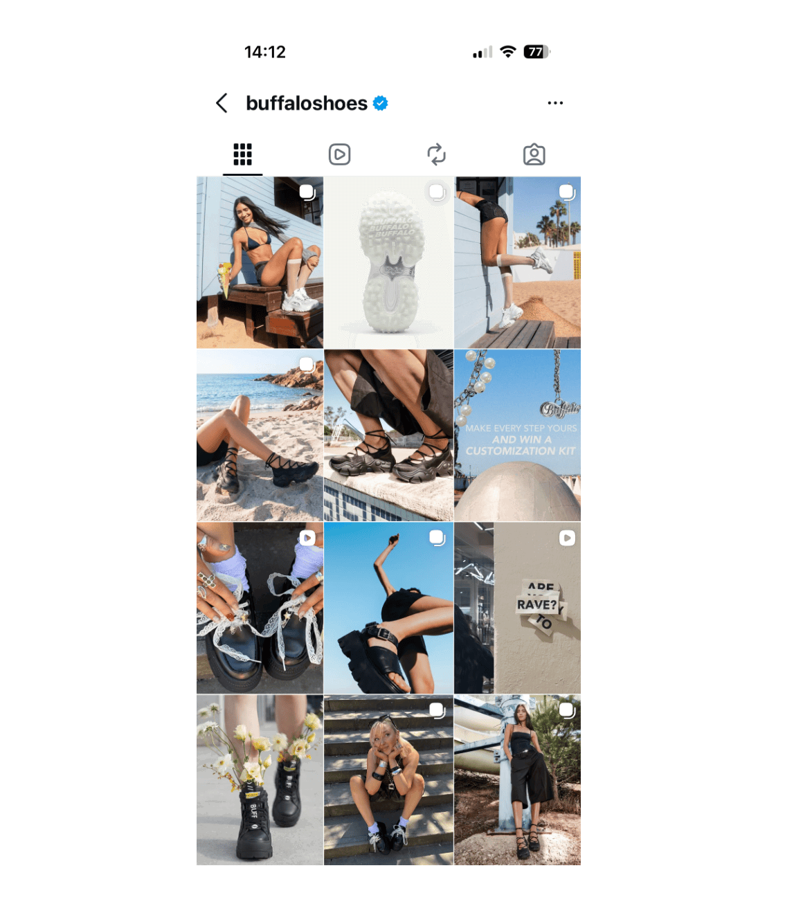 Instagram grid showing various Buffalo shoe styles in lifestyle and product shots