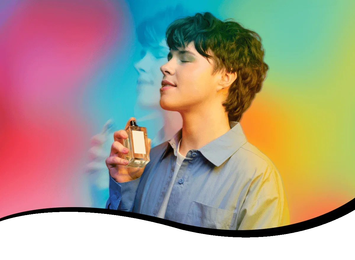 Sliced image of people putting on mood inspired fragrances