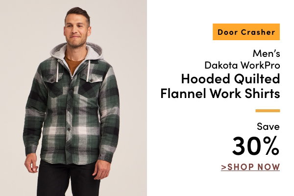 Door Crasher Men's Dakota WorkPro Hooded Quilted Flannel Work Shirts Save 30%