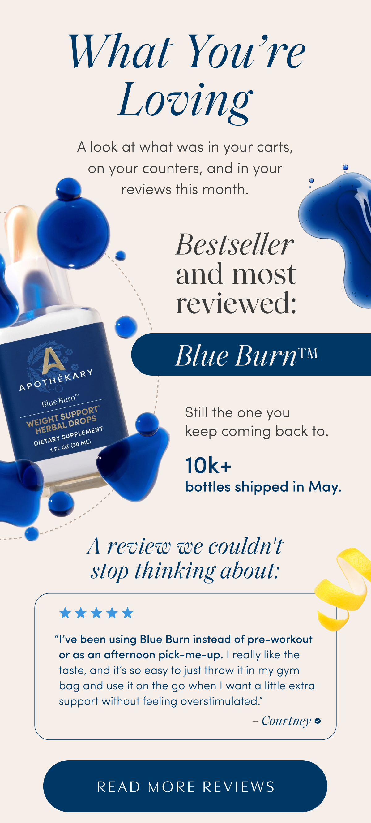 What You're Loving | A look at what was in your carts, on your counters, and in your reviews this month. | Bestseller and most reviewed: Blue Burn™ | Still the one you keep coming back to. | 10k+ bottles shipped in May. | A review we couldn't stop thinking about: ★★★★★ “I've been using Blue Burn instead of pre-workout or as an afternoon pick-me-up. I really like the taste, and it's so easy to just throw it in my gym bag and use it on the go when I want a little extra support without feeling overstimulated.” - Courtney | READ MORE REVIEWS