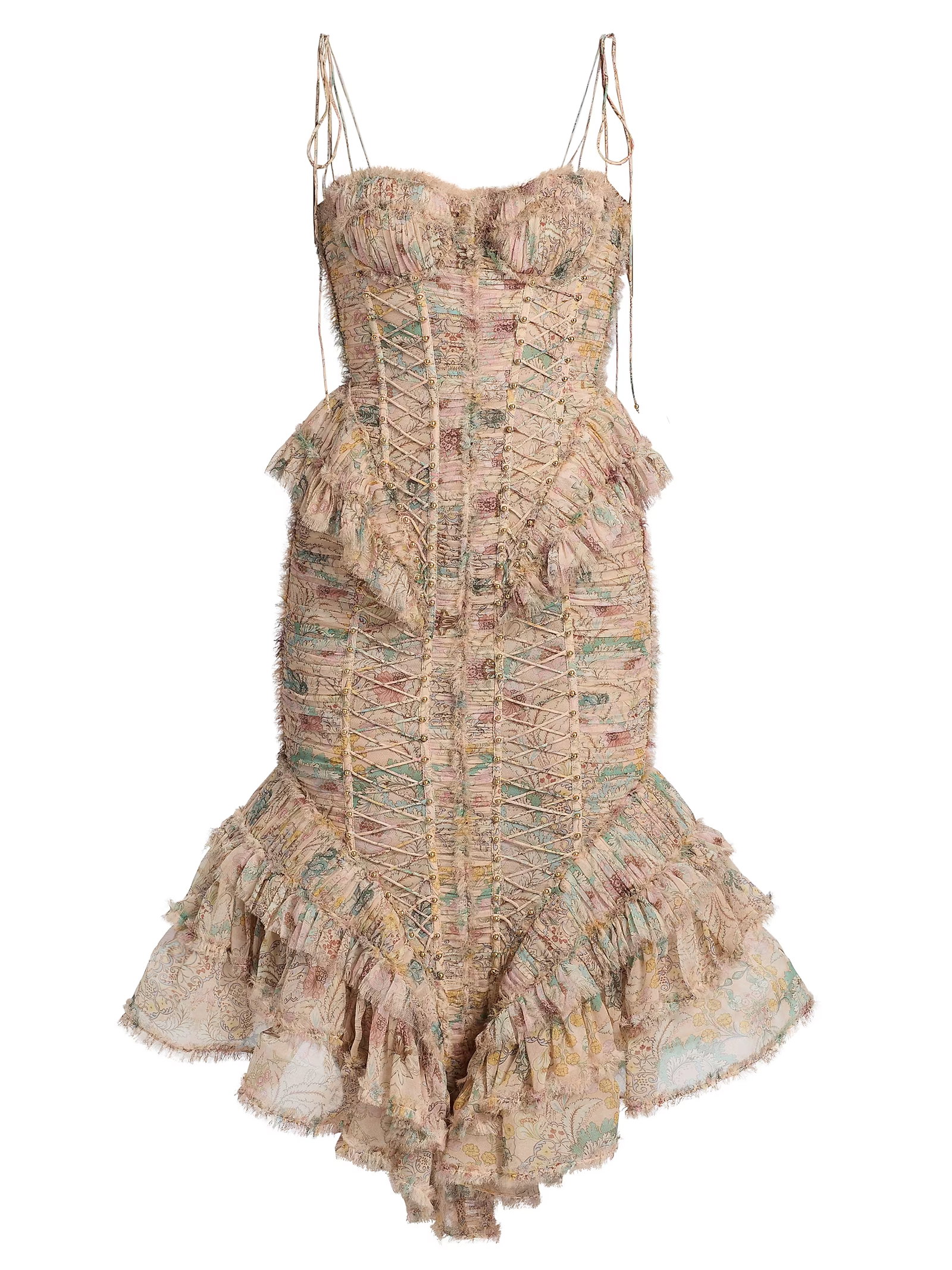 Zimmermann Rebellion Printed Ruffled Corset Midi-Dress
