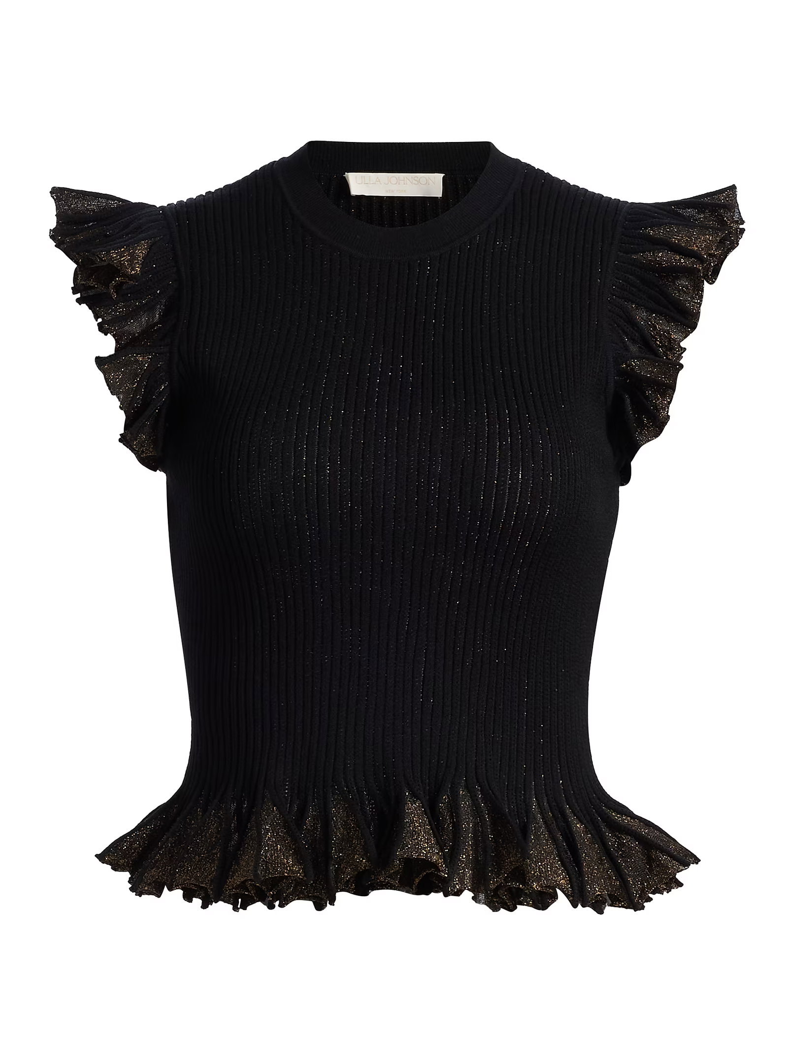Ulla Johnson Leila Metallic Rib-Knit Ruffle Top