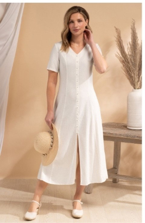 Ladies Linen Blend Button Detail Dress