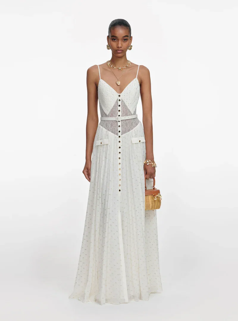 CREAM AND GOLD CHIFFON MAXI DRESS