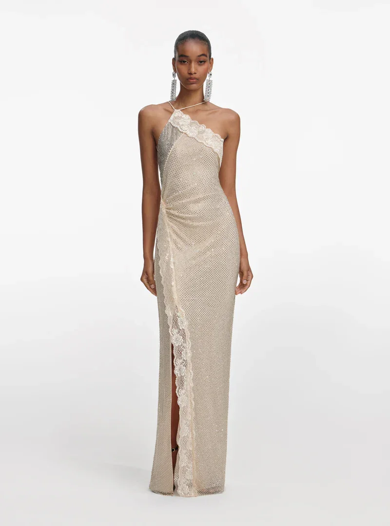 CHAMPAGNE RHINESTONE LACE TRIM MAXI DRESS