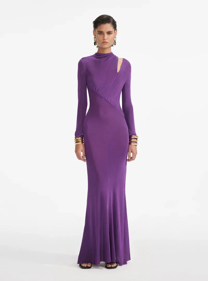 PURPLE CUT OUT VISCOSE KNIT MAXI DRESS