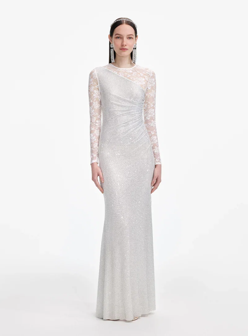 WHITE RHINESTONE LACE SLEEVES MAXI DRESS