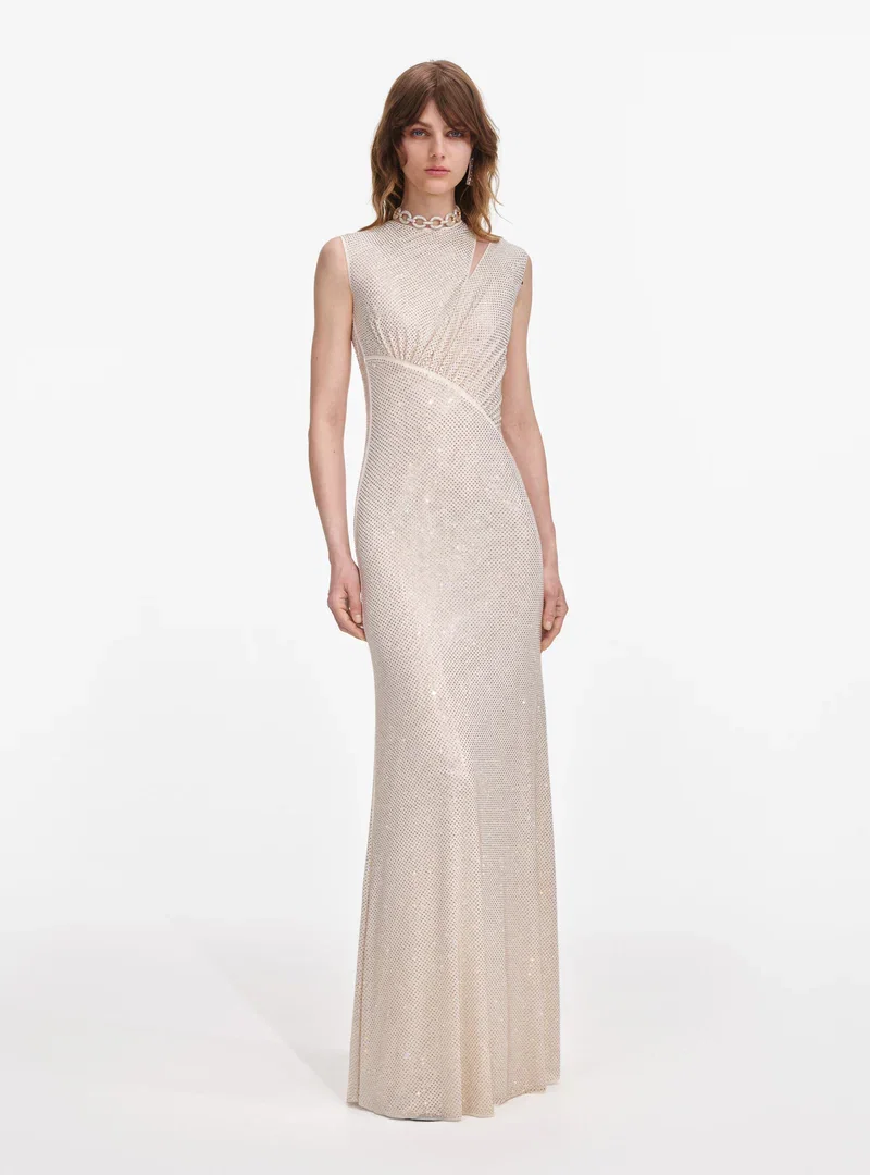 CHAMPAGNE RHINESTONE CUT OUT MAXI DRESS