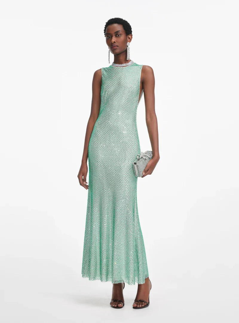 MINT RHINESTONE MESH MIDI DRESS