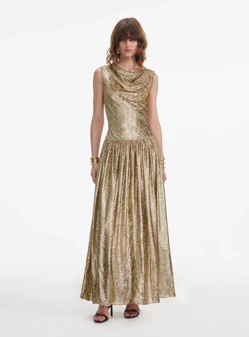 GOLD SLEEVELESS FIL COUPE MAXI DRESS