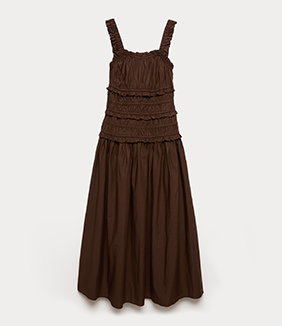 Pure Cotton Shirred Midi Waisted Dress in Chocolate