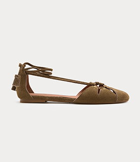 Suede Ring Detail Tie Up Flat Shoes in Khaki