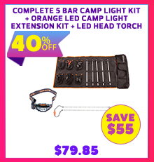 Complete 5 Bar Camp Light Kit + Orange LED Camp Light Extension Kit + Illuminator LED Head Torch