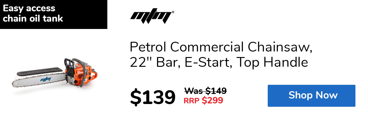Petrol Commercial Chainsaw, 22" Bar, E-Start, Top Handle