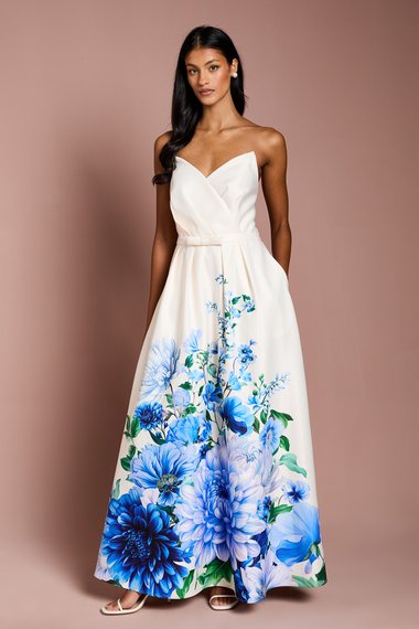 Petite Wired Bandeau Border Print Maxi Dress