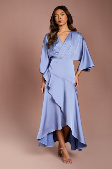 Satin Back Crepe Ruffle Wrap Midi Dress