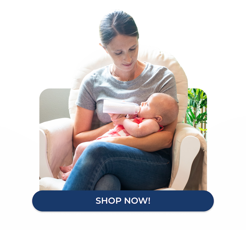 Image of mom feeding baby with Kiinde Twist Squeeze Bottle. There is button below that says "SHOP NOW!"