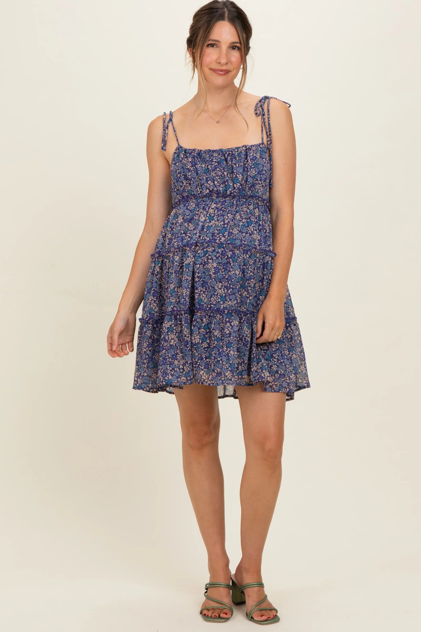 Image of Navy Floral Shoulder Tie Tiered Maternity Mini Dress