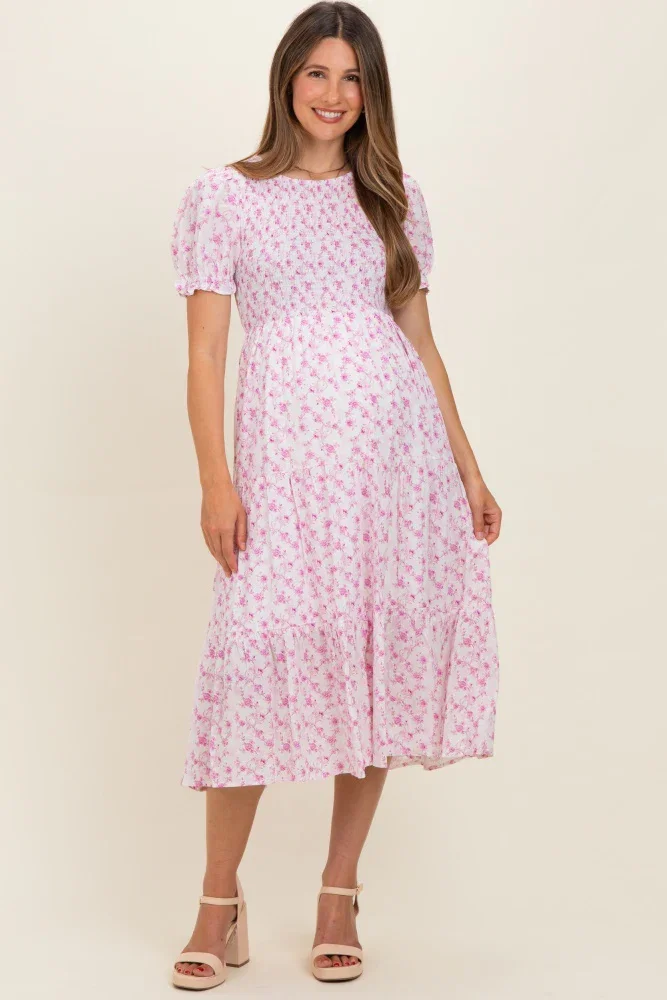 Image of Pink Rose Floral Smocked Puff Sleeve Maternity Midi Dress